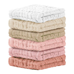 Cuddle Campus baby washcloths 6-pack closeup shows ultra-soft cotton for gentle newborn cleansing.