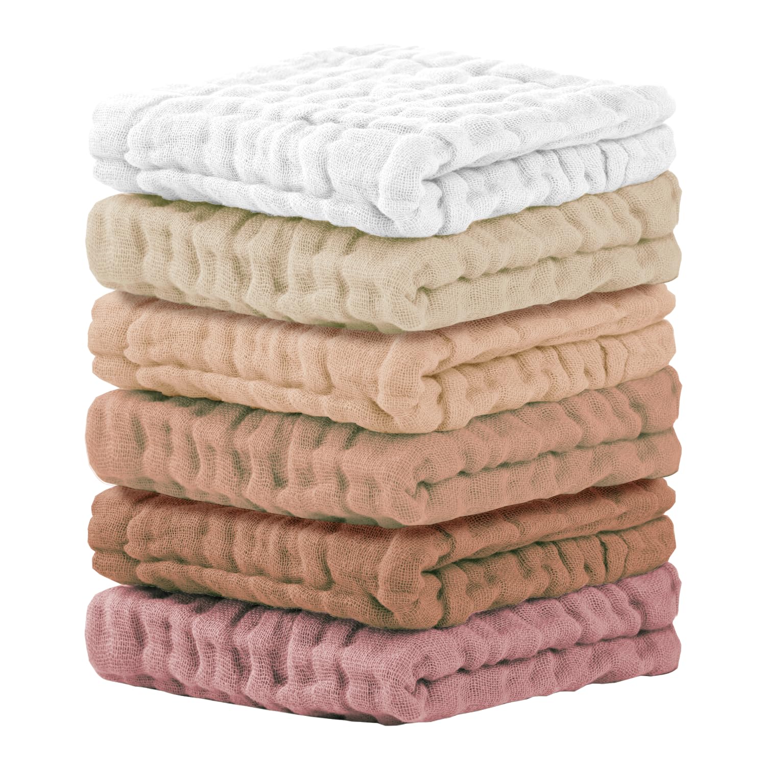 Cuddle Campus baby washcloths 6-pack folded, showcasing soft muslin texture for newborn bath time.