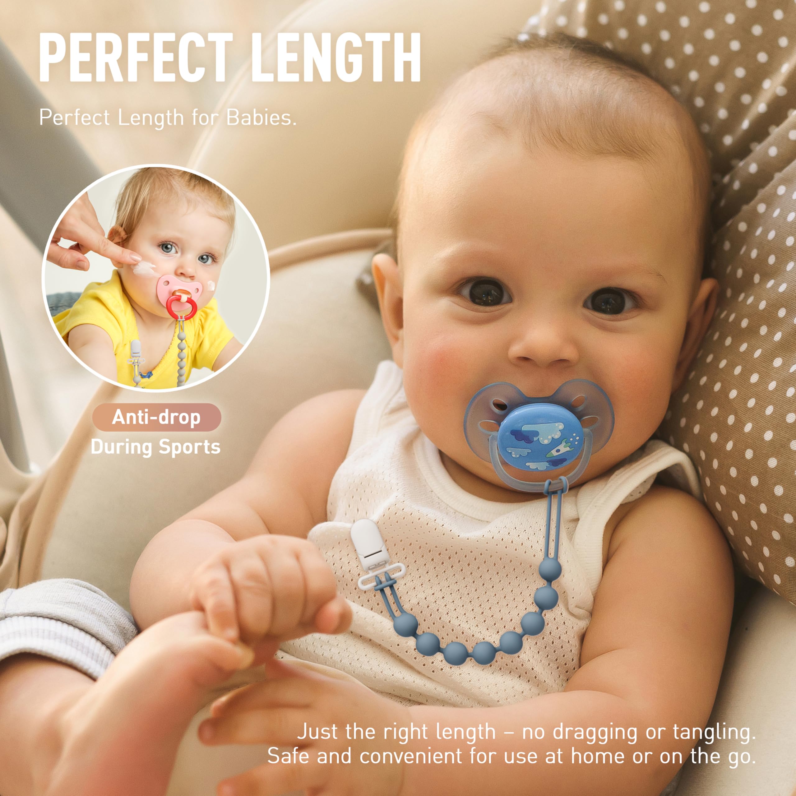 Cuddle Campus clip attaches to clothing and accessories for pacifier within reach