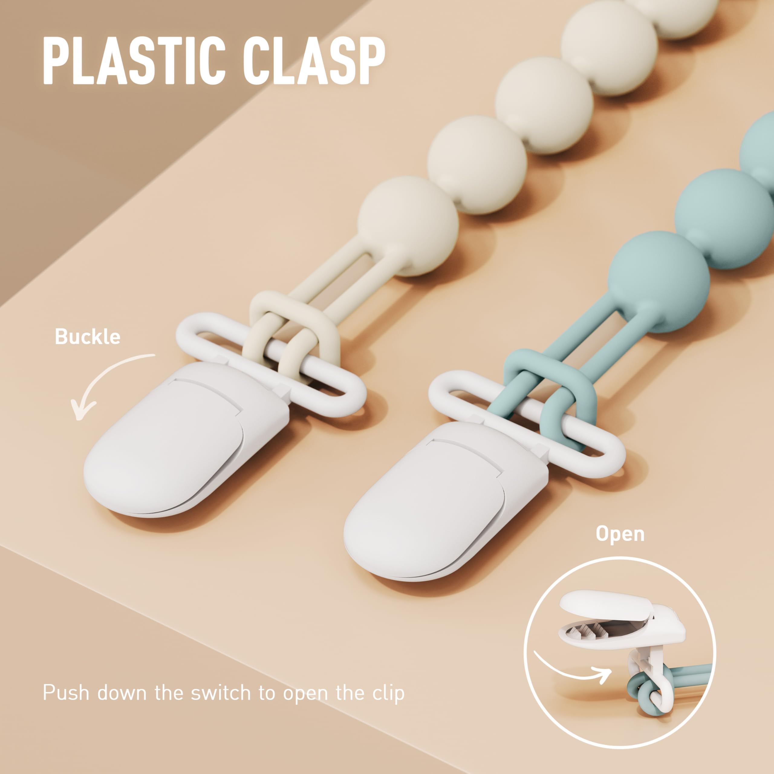Cuddle Campus pacifier clip in neutral colors for unisex baby outfits