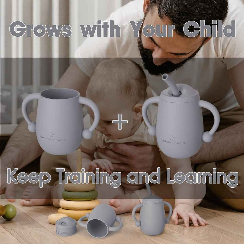 Cuddle Campus silicone baby training cup handles close-up show ergonomic grip for tiny hands.