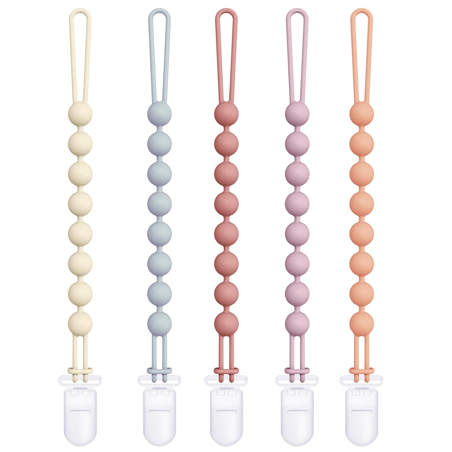 Cuddle Campus silicone pacifier clip with one-piece design for secure attachment.