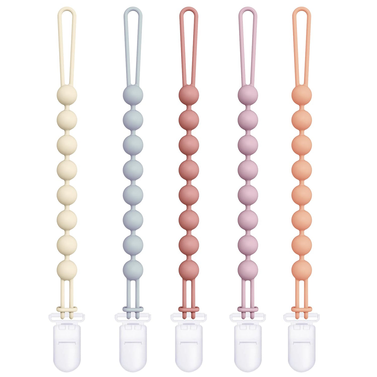 Cuddle Campus silicone pacifier clip with one-piece design for secure attachment.