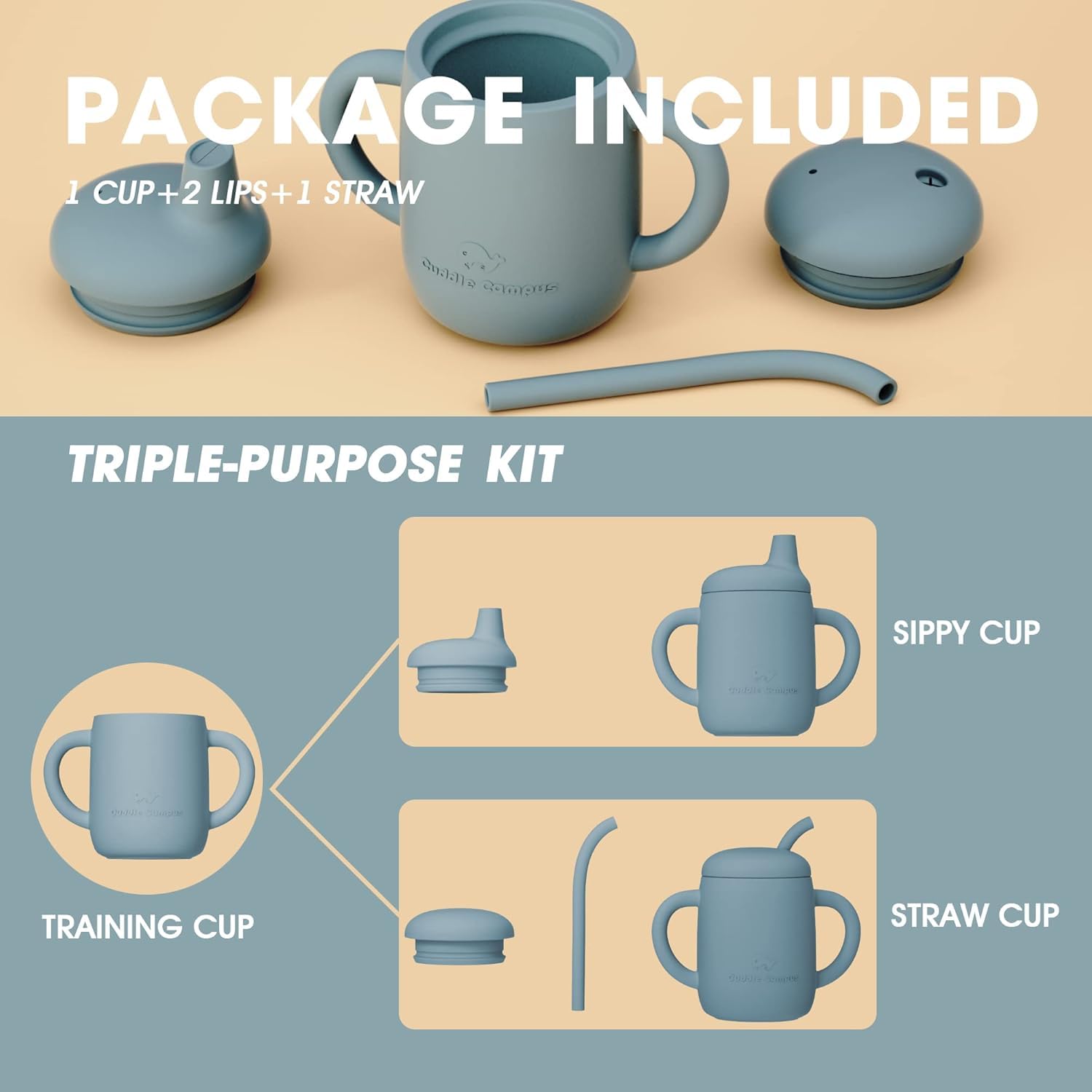 Cuddle Campus sippy cup lips show soft-mouth design for early drinking comfort.