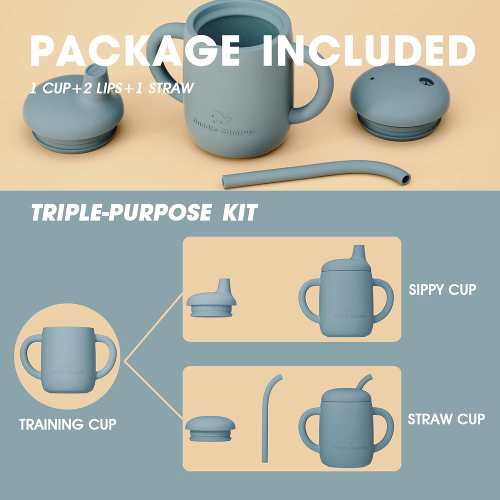 Cuddle Campus sippy cup lips show soft-mouth design for early drinking comfort.