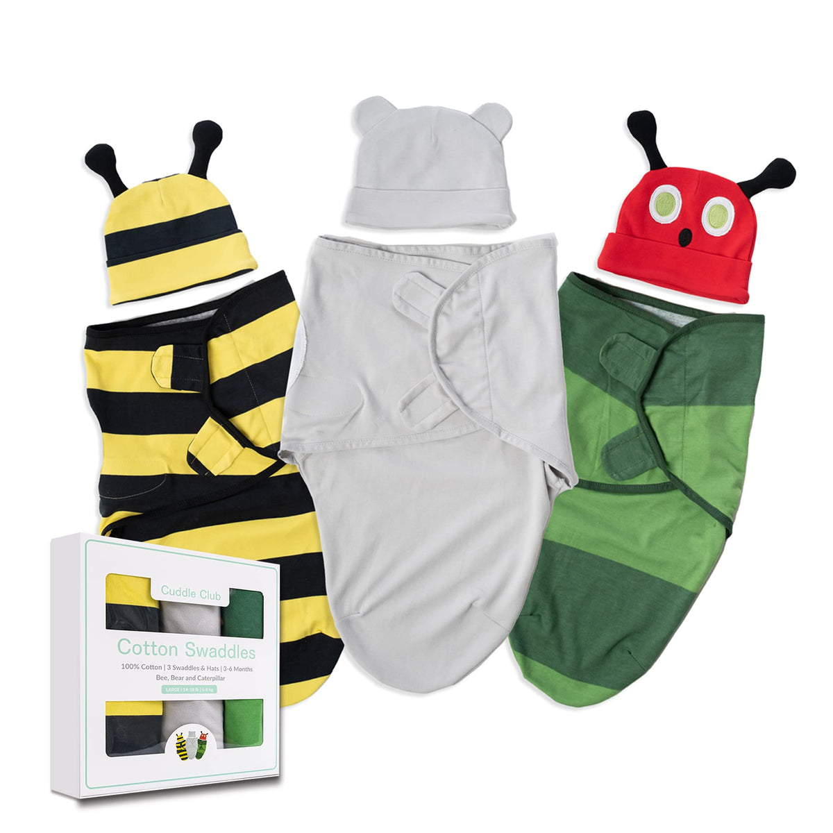 Cuddle Club baby swaddle wrap with secure hook-and-loop for gentle containment.