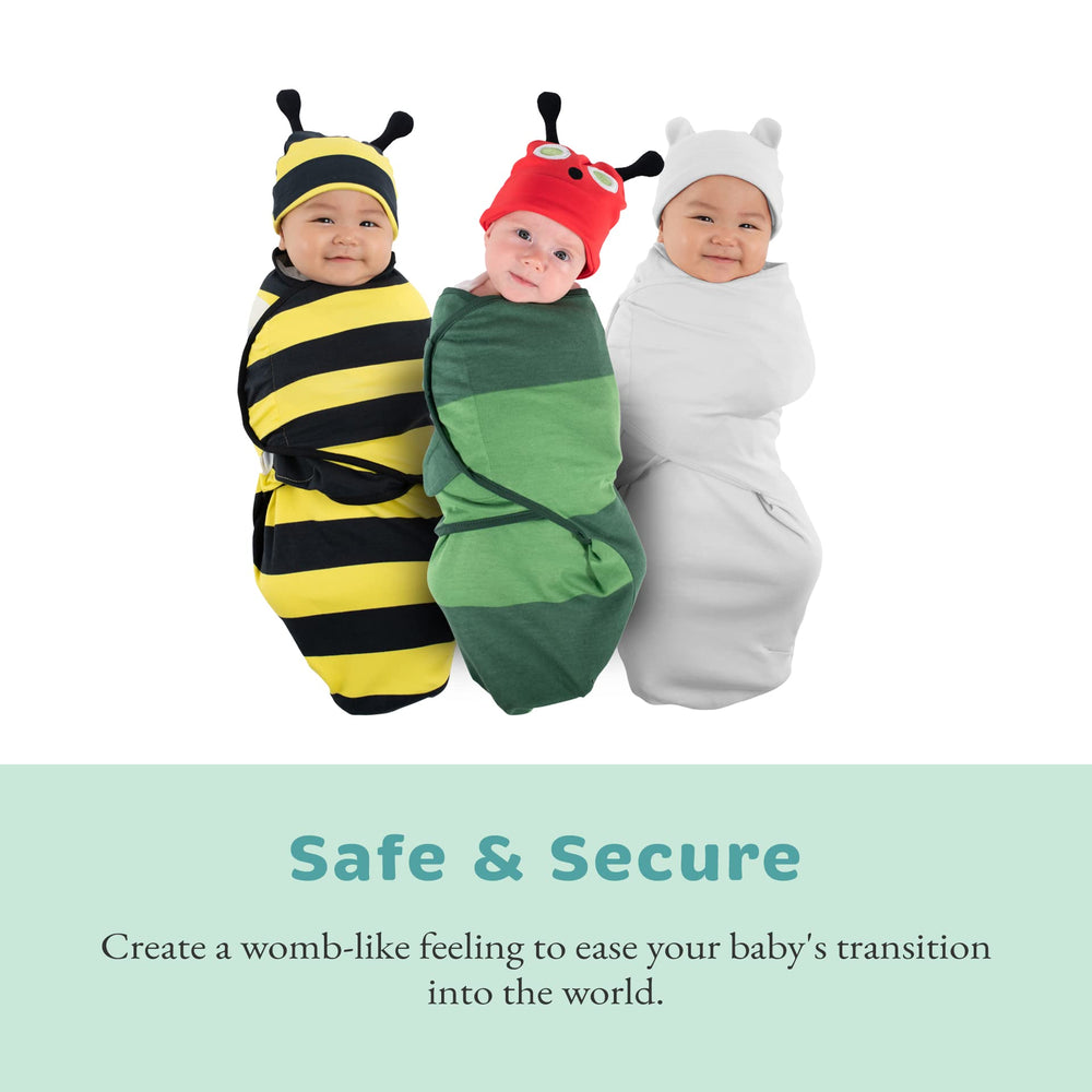 Cuddle Club swaddle adjustment feature demonstrates easy securing and growth.