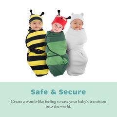 Cuddle Club swaddle adjustment feature demonstrates easy securing and growth.