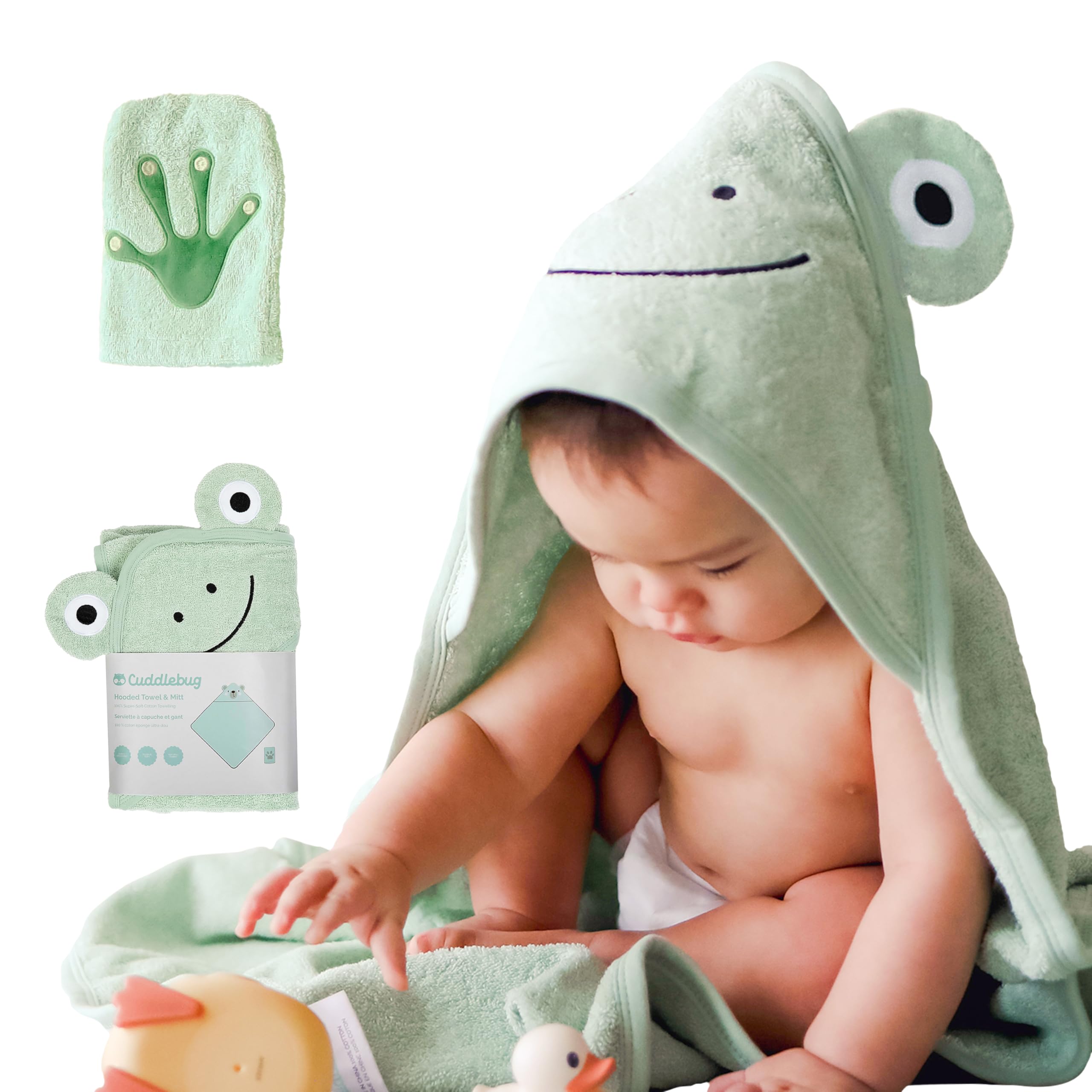 CuddleBug frog-hooded-towel-30x30-sage-green ultra-soft post-bath wrap