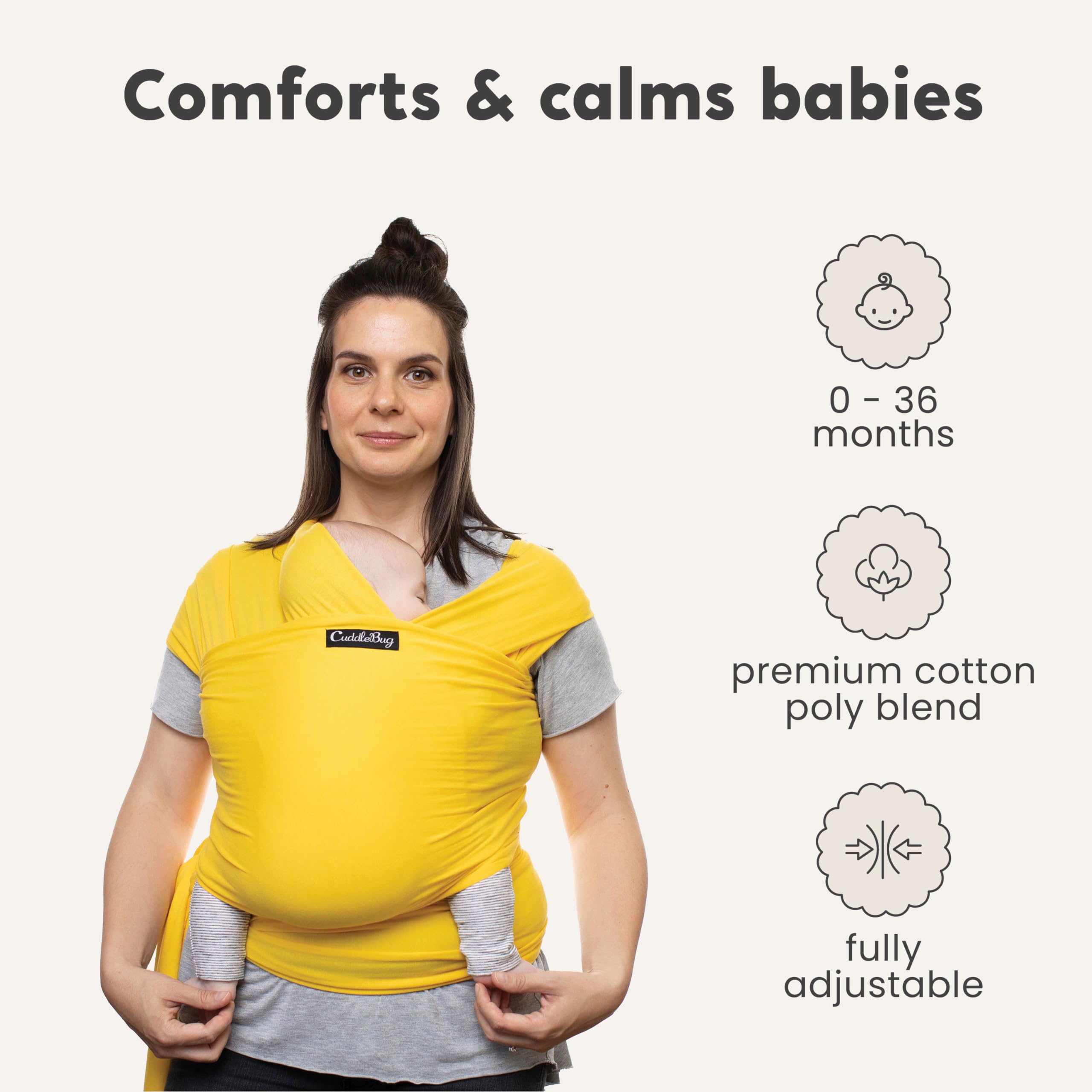 CuddleBug hip-healthy position view highlights knee-to-knee ergonomic alignment.