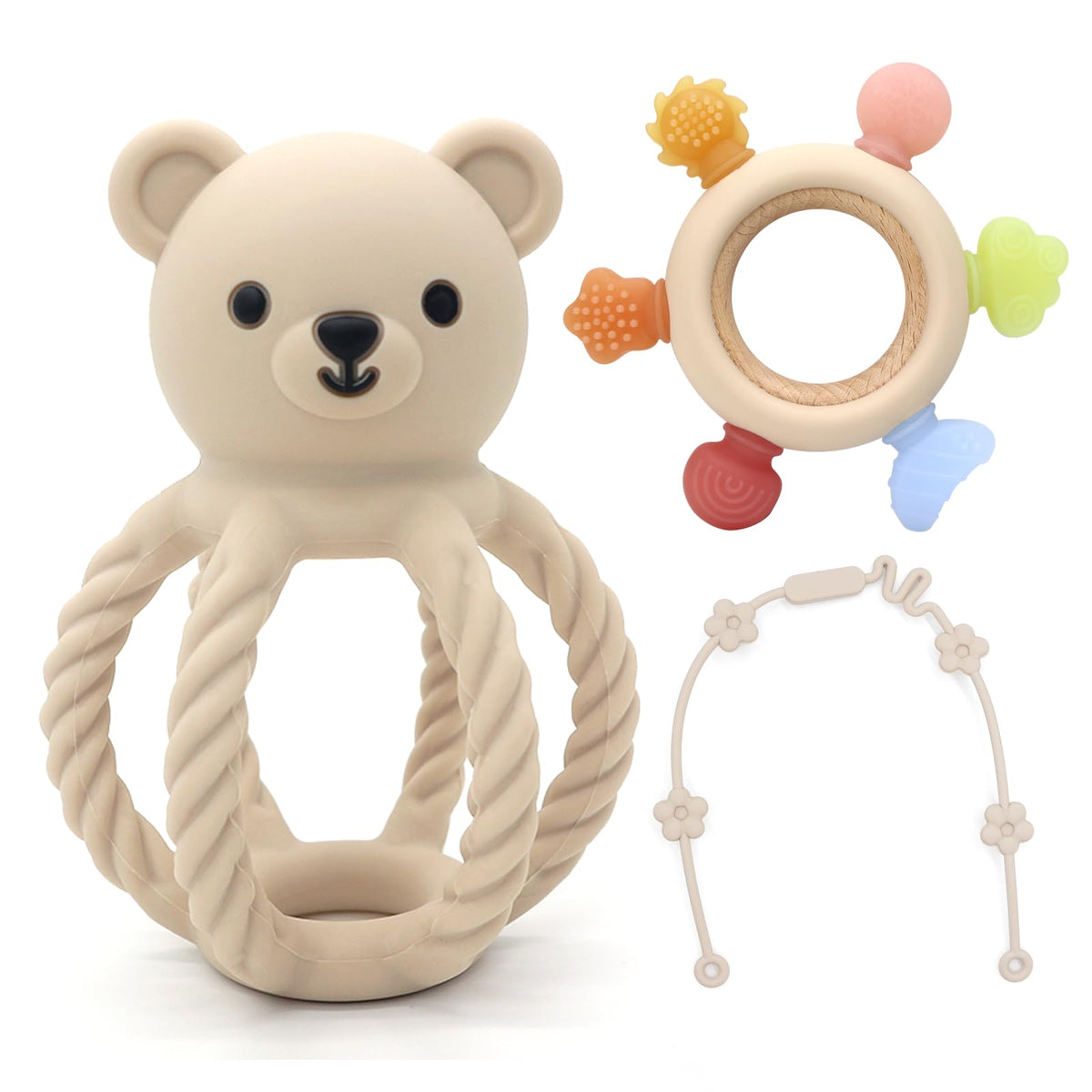 CuddleCubs Creations wooden-ring silicone teether with six weather textures for multi-sensory relief.