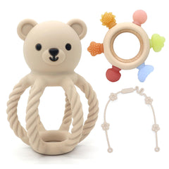 CuddleCubs Creations wooden-ring silicone teether with six weather textures for multi-sensory relief.