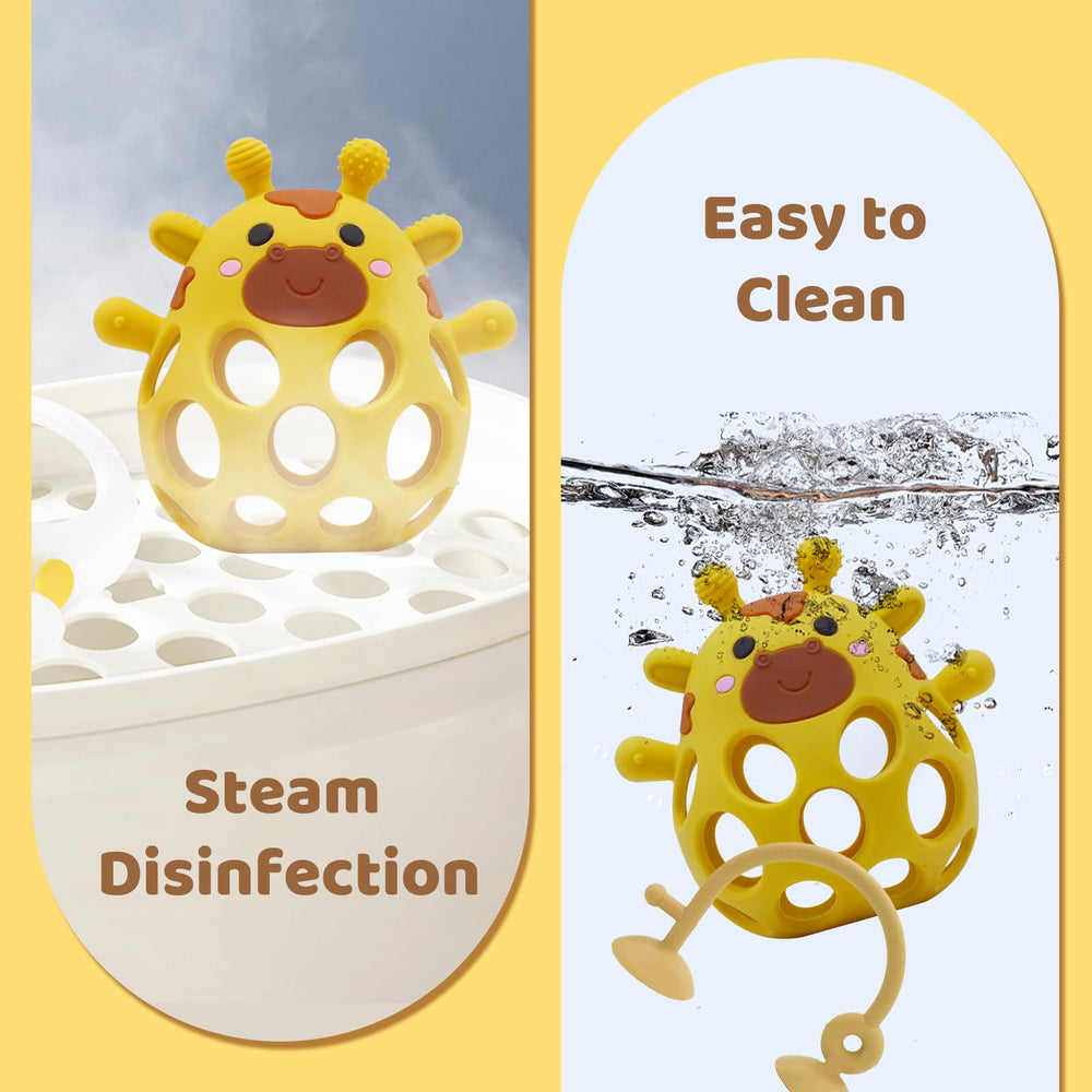 CuddleCubs Creations yellow teether engages baby on the high chair tray