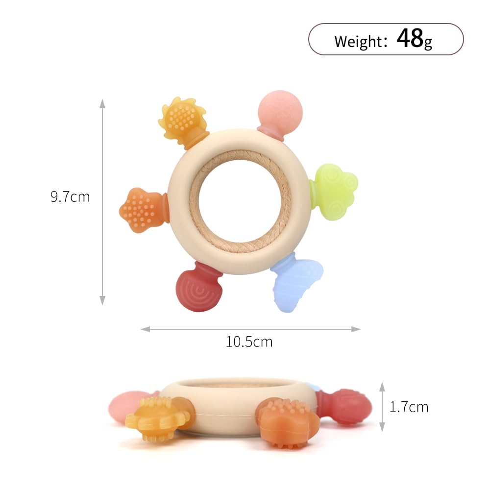CuddleCubs silicone strap-on teether shown attached to a pacifier for on-the-go organization.