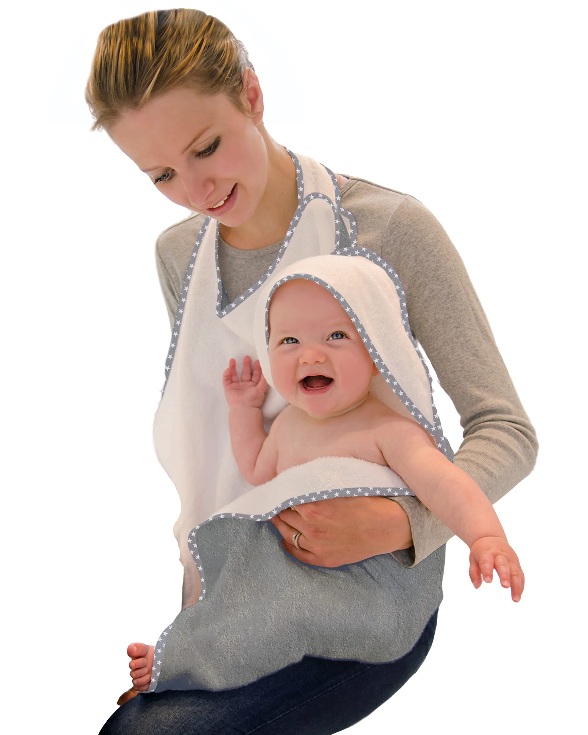 Cuddledry hands-free baby towel around neck enables safer, drier lifting.