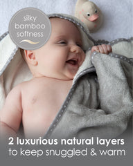 Cuddledry two-layer hooded towel with bamboo viscose for soft, quick-dry comfort.