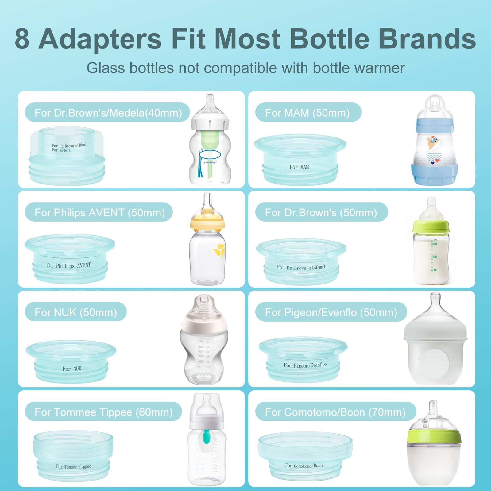 CuddleeBaby 8 adapters shown for broad bottle compatibility and quick setup