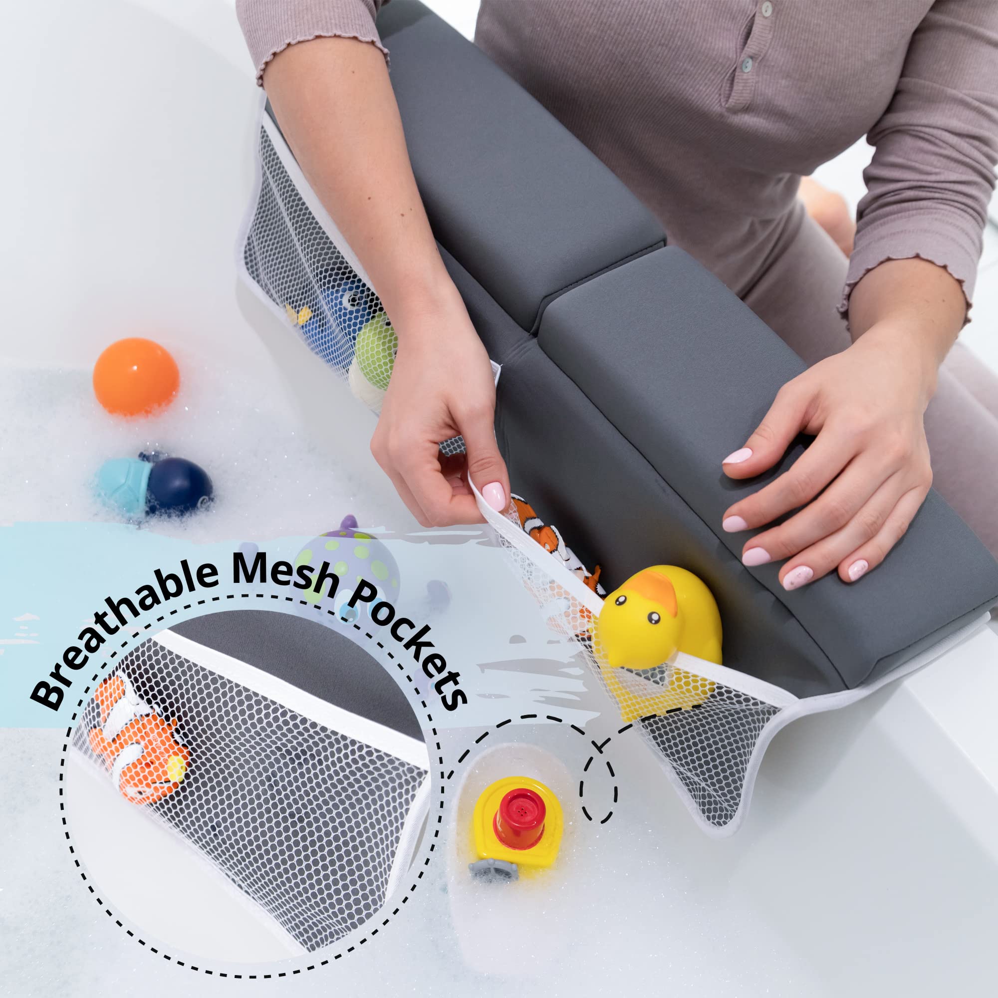 Cuddling Baby elbow rest gray pocket open shows convenient storage for bath essentials