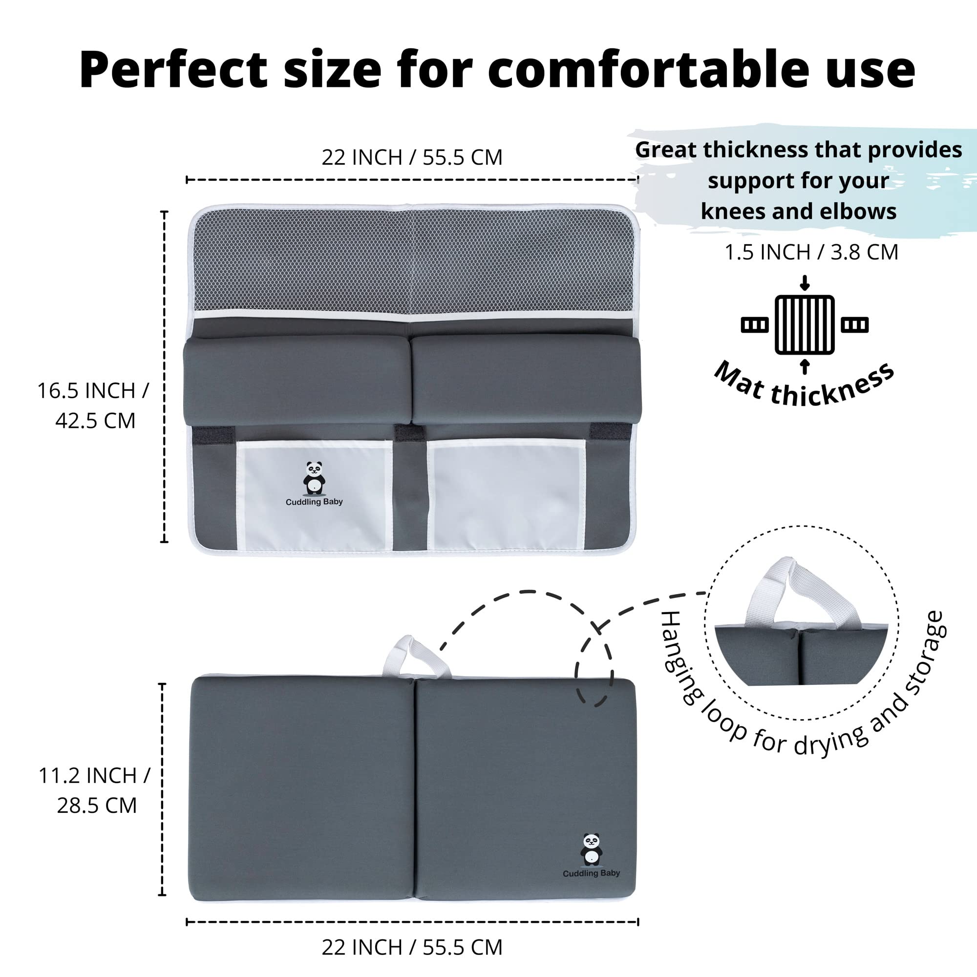 Cuddling Baby bath kneeler gray in-use on tub conveys reduced knee strain