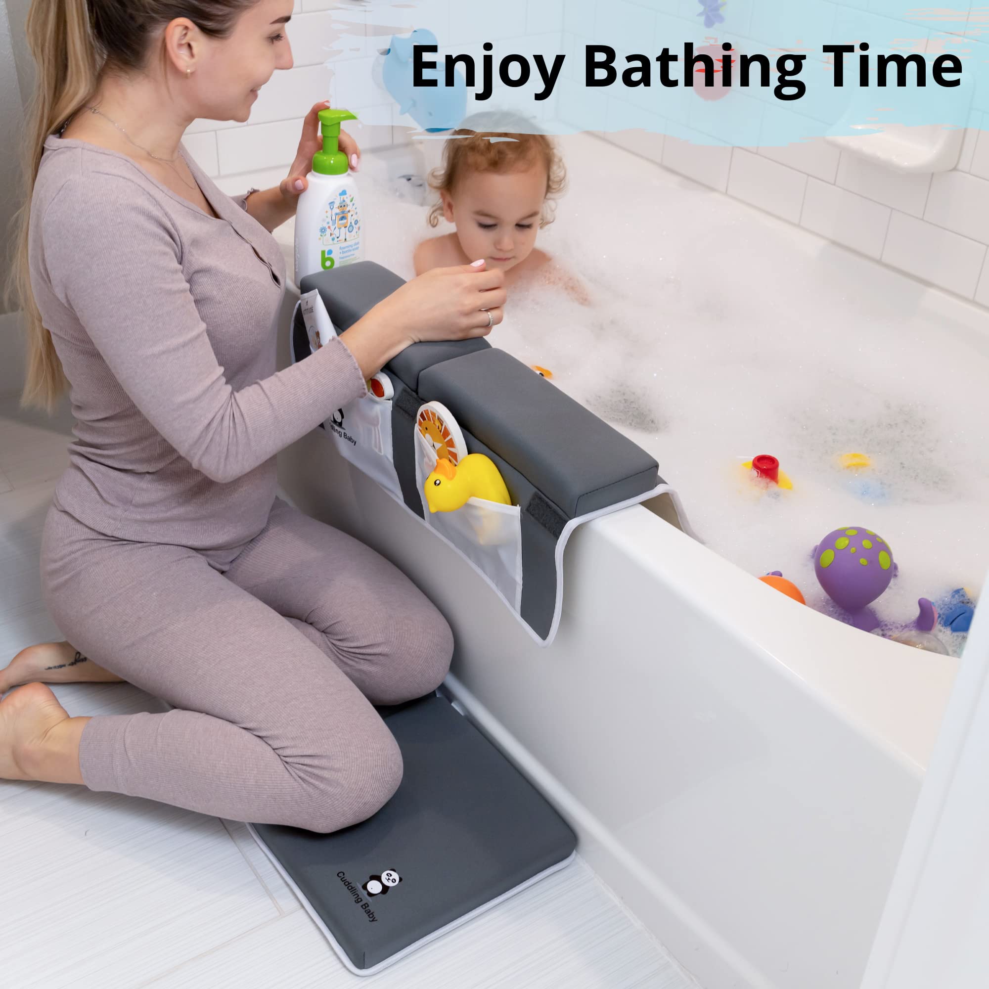 Cuddling Baby bath kneeler gray side view highlights non-slip design for safer baths