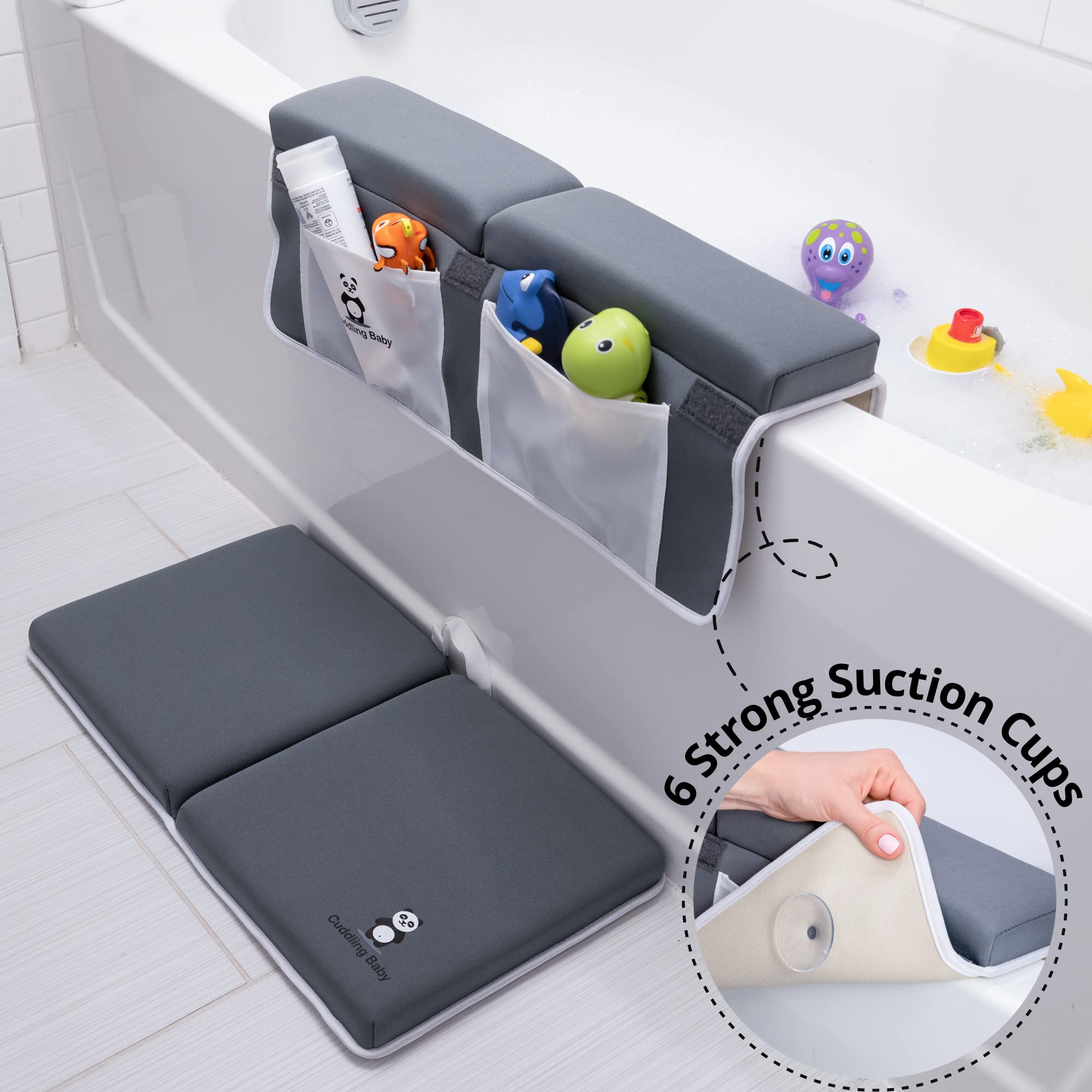 Cuddling Baby bath kneeler gray machine washable tag highlights easy cleanup