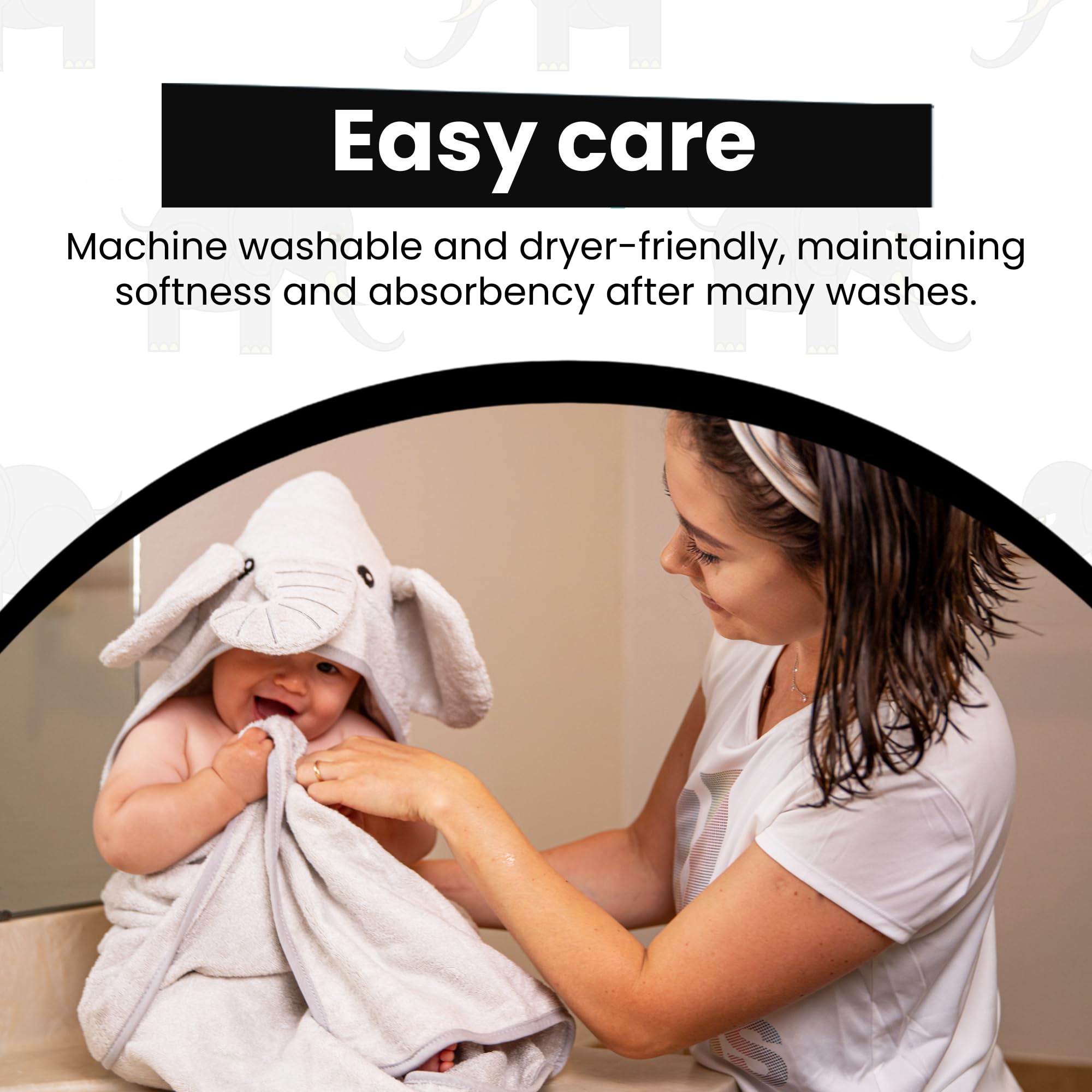 Cuddling Baby Premium Hooded Towel elephant-design adds playful charm to bath time