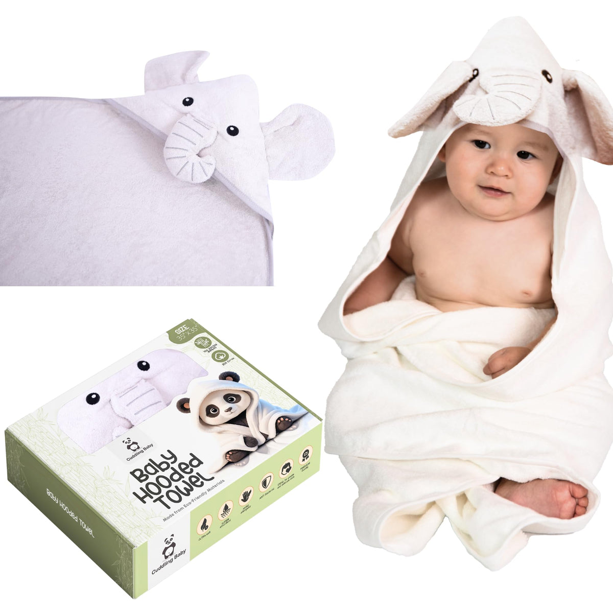 Cuddling Baby Premium Hooded Towel soft bamboo texture shows gentle bath-time comfort