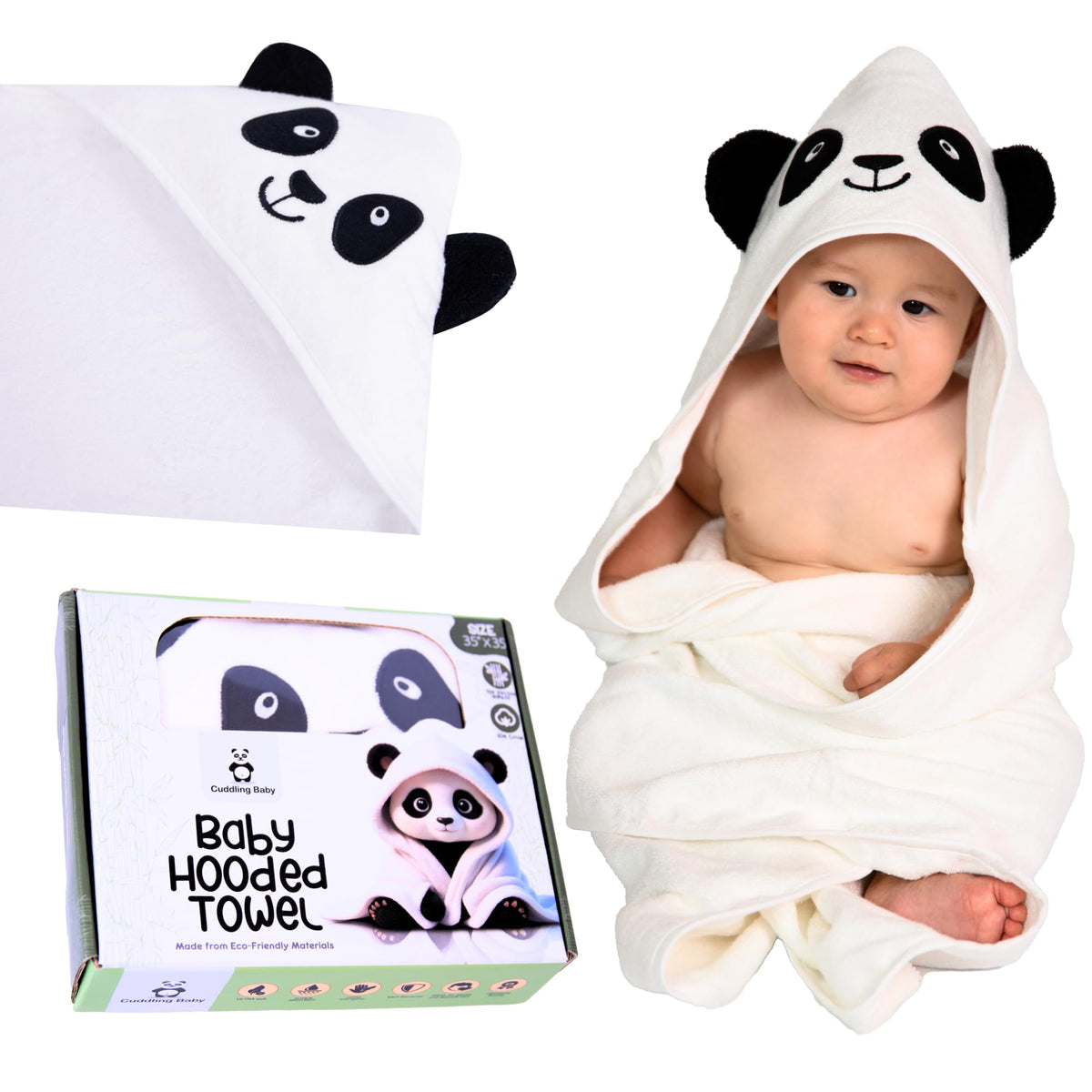 Cuddling Baby Premium Hooded Towel panda-hood showcases cozy post-bath warmth.