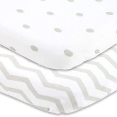 Cuddly Cubs cradle sheets fitted on 18x36 bassinet with gray dots and chevron; breathable and gentle.