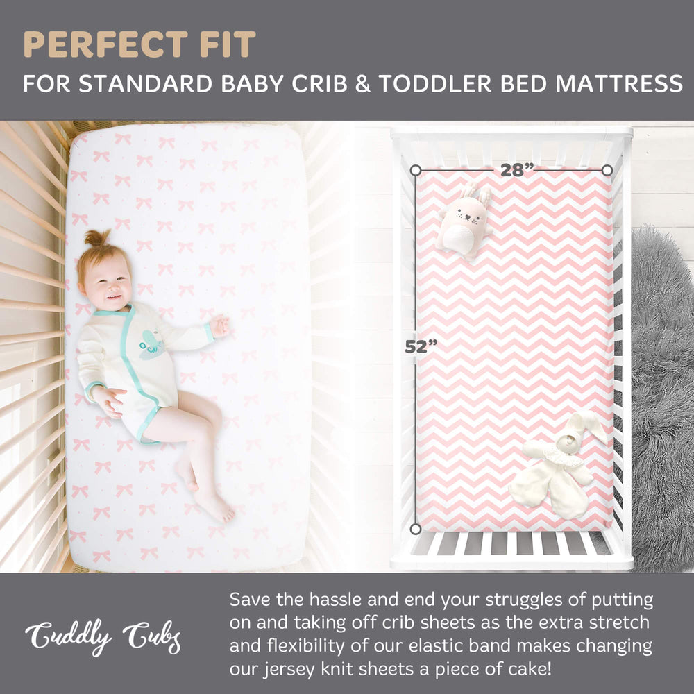 Cuddly Cubs fitted crib sheet on mattress demonstrates secure elastic edge
