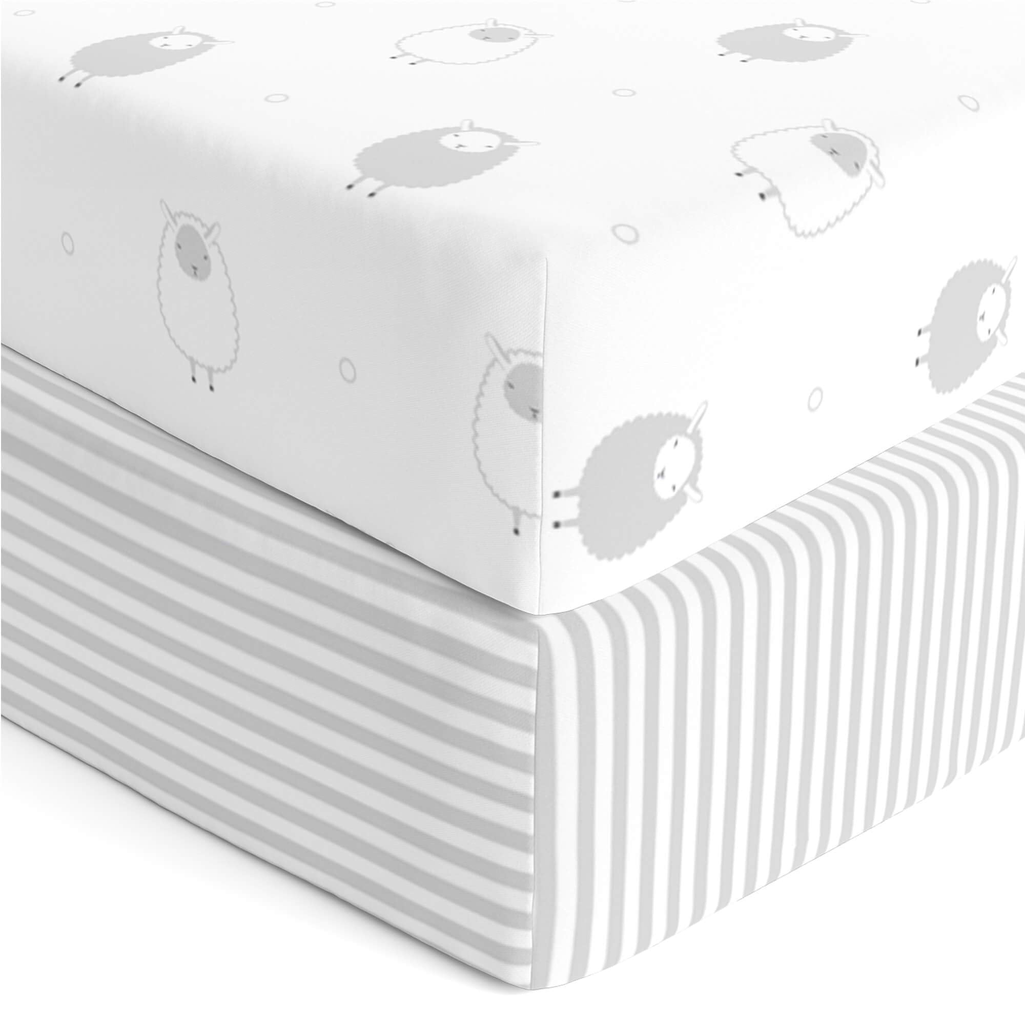 Cuddly Cubs grey-stripes crib sheet pack offers ultra-soft Jersey cotton for gentle baby comfort.
