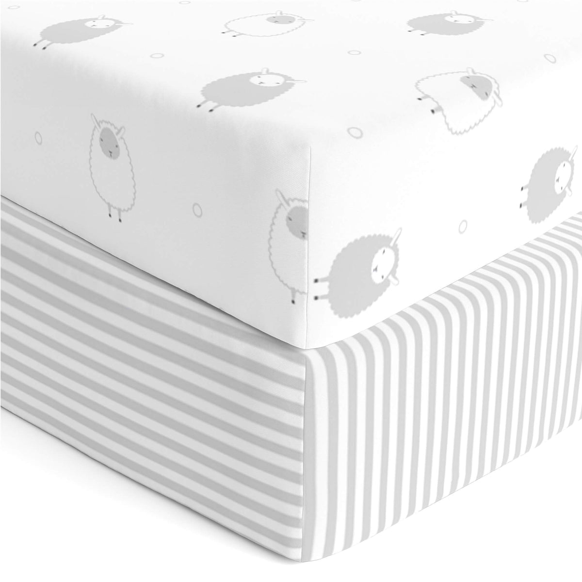 Cuddly Cubs grey-stripes crib sheet pack offers ultra-soft Jersey cotton for gentle baby comfort.