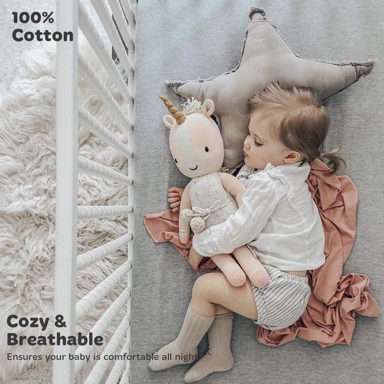 Cuddly Cubs Heather grey crib sheets add calm look and gentle touch