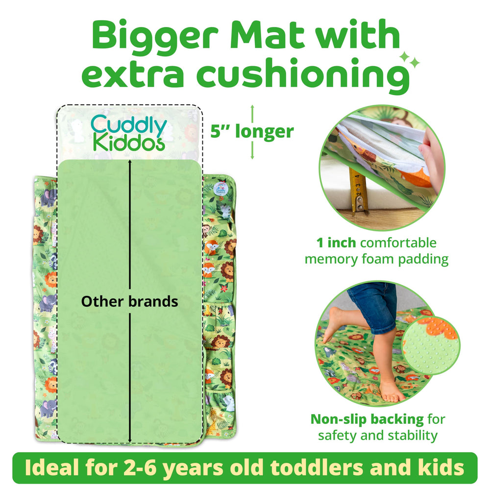 Cuddly Kiddos memory foam close-up shows cushioned support for toddlers.
