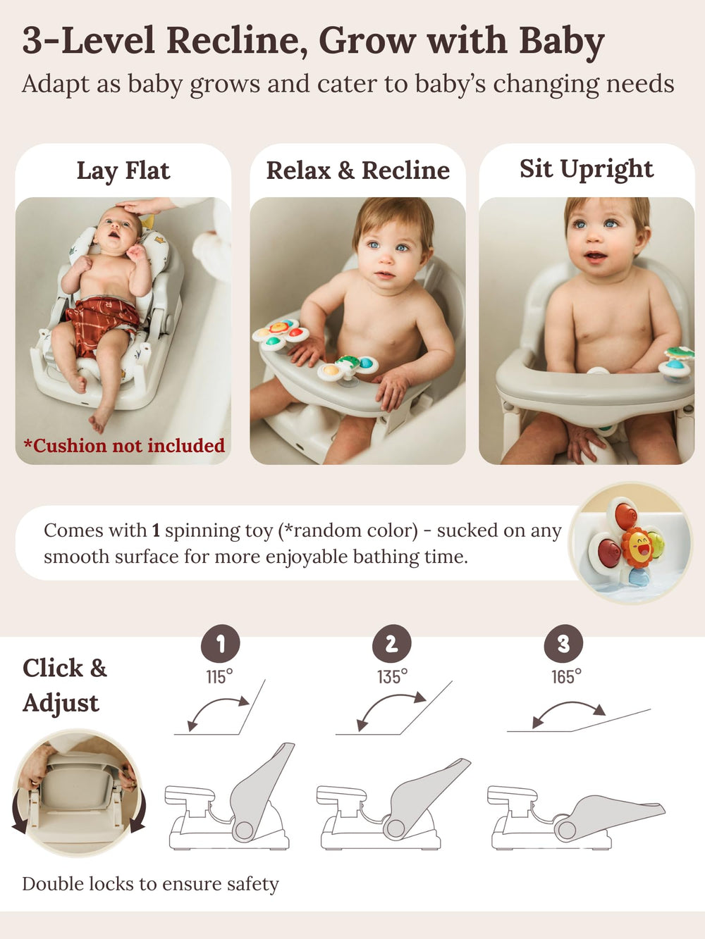 Cuddo Baby bath seat demonstrates full-security structure with secure closure