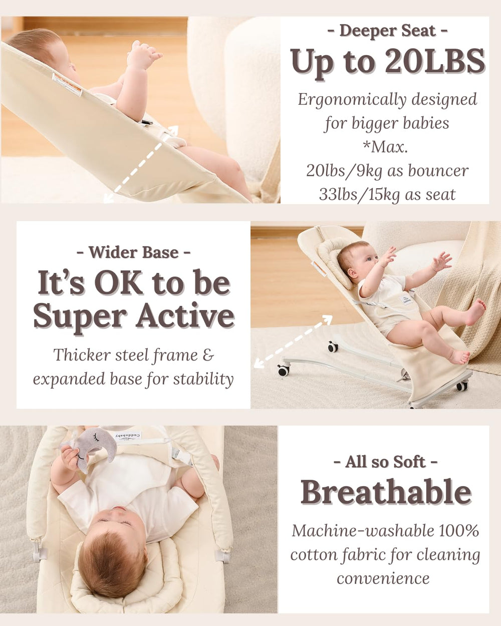 Cuddo Baby Bouncer beige foldable design saves space for storage or travel.