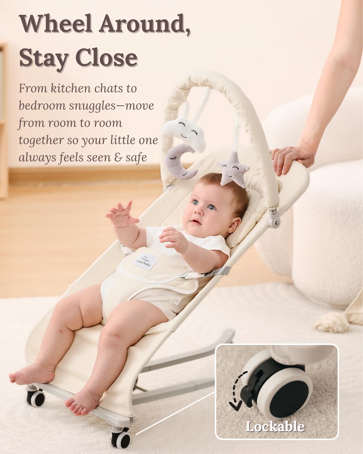 Cuddo Baby Bouncer beige 3-level recline adapts from newborn calm to active play.