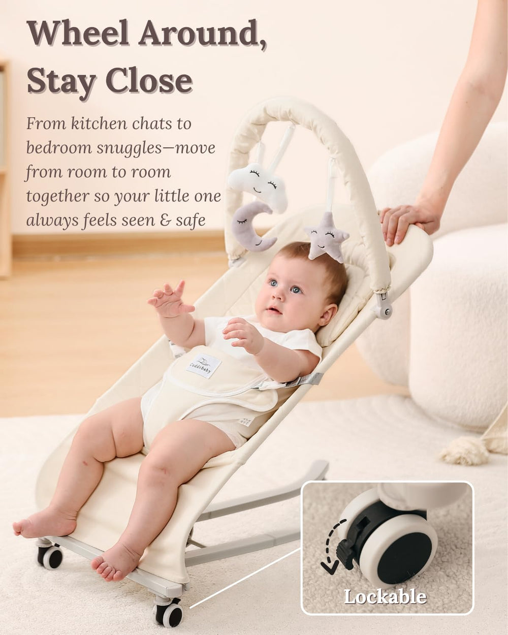 Cuddo Baby Bouncer beige 3-level recline adapts from newborn calm to active play.
