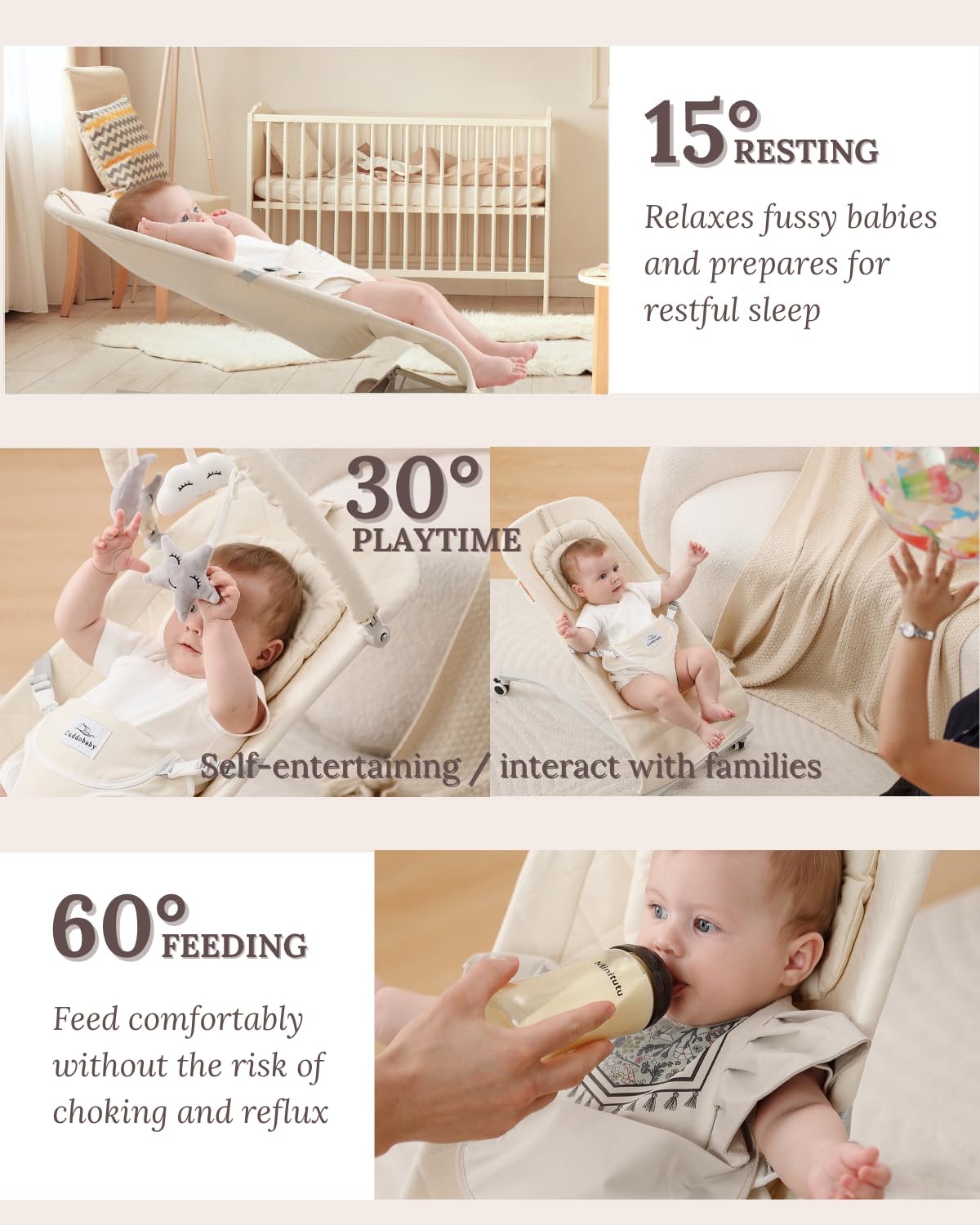 Cuddo Baby Bouncer beige 100% cotton seat delivers skin-friendly comfort through growing stages.
