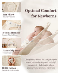 Cuddo Baby Bouncer beige with hanging dolls enhances early hand-eye coordination during play.