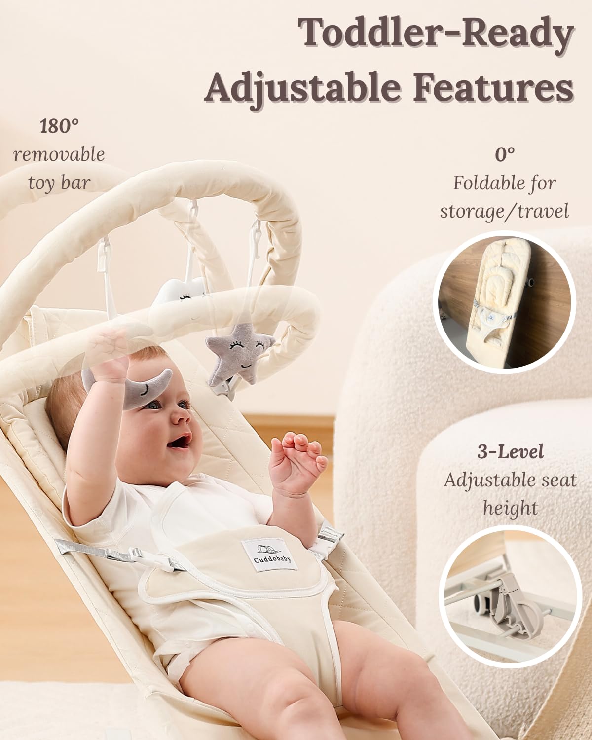 Cuddo Baby Bouncer beige lockable wheels make room-to-room transitions easy and safe.