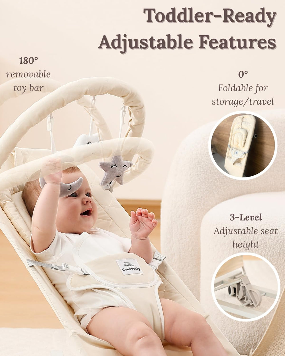 Cuddo Baby Bouncer beige lockable wheels make room-to-room transitions easy and safe.