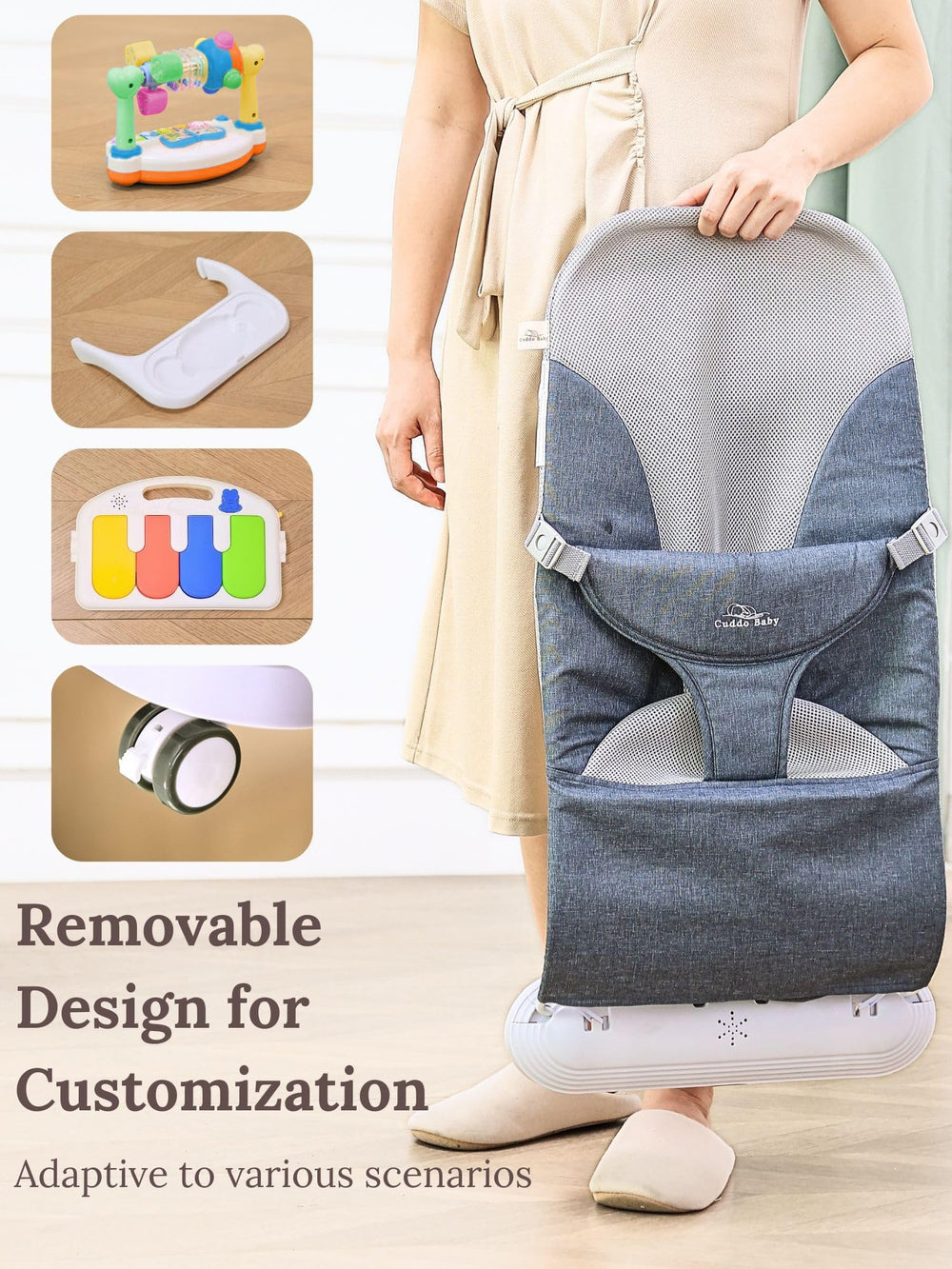Cuddo Baby Bouncer on wheels mobility enables quiet room transfers for busy homes