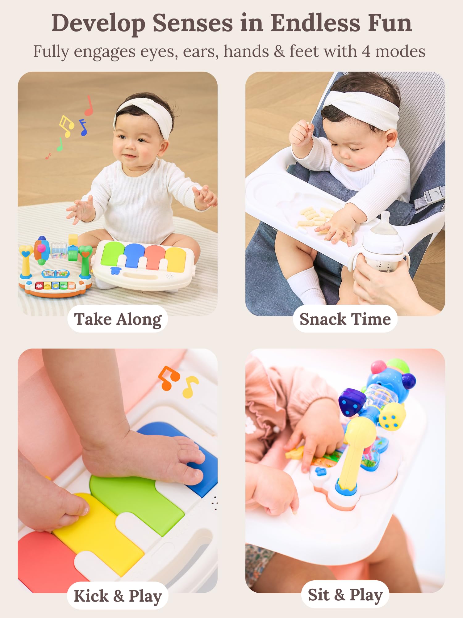 Cuddo Baby detachable piano play bar provides interactive music to stimulate senses.