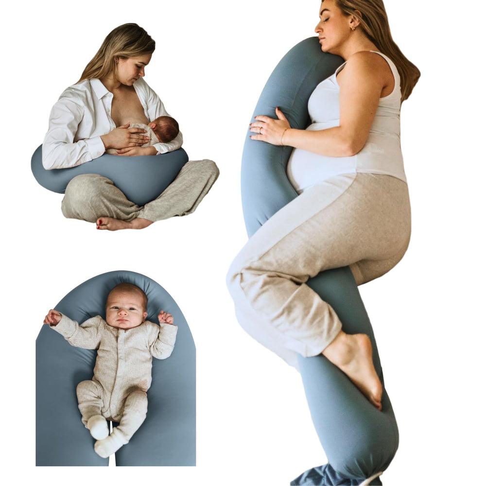 Cuddo Baby pregnancy pillow cooling cover demonstrates BreezeFlex for breathable comfort.