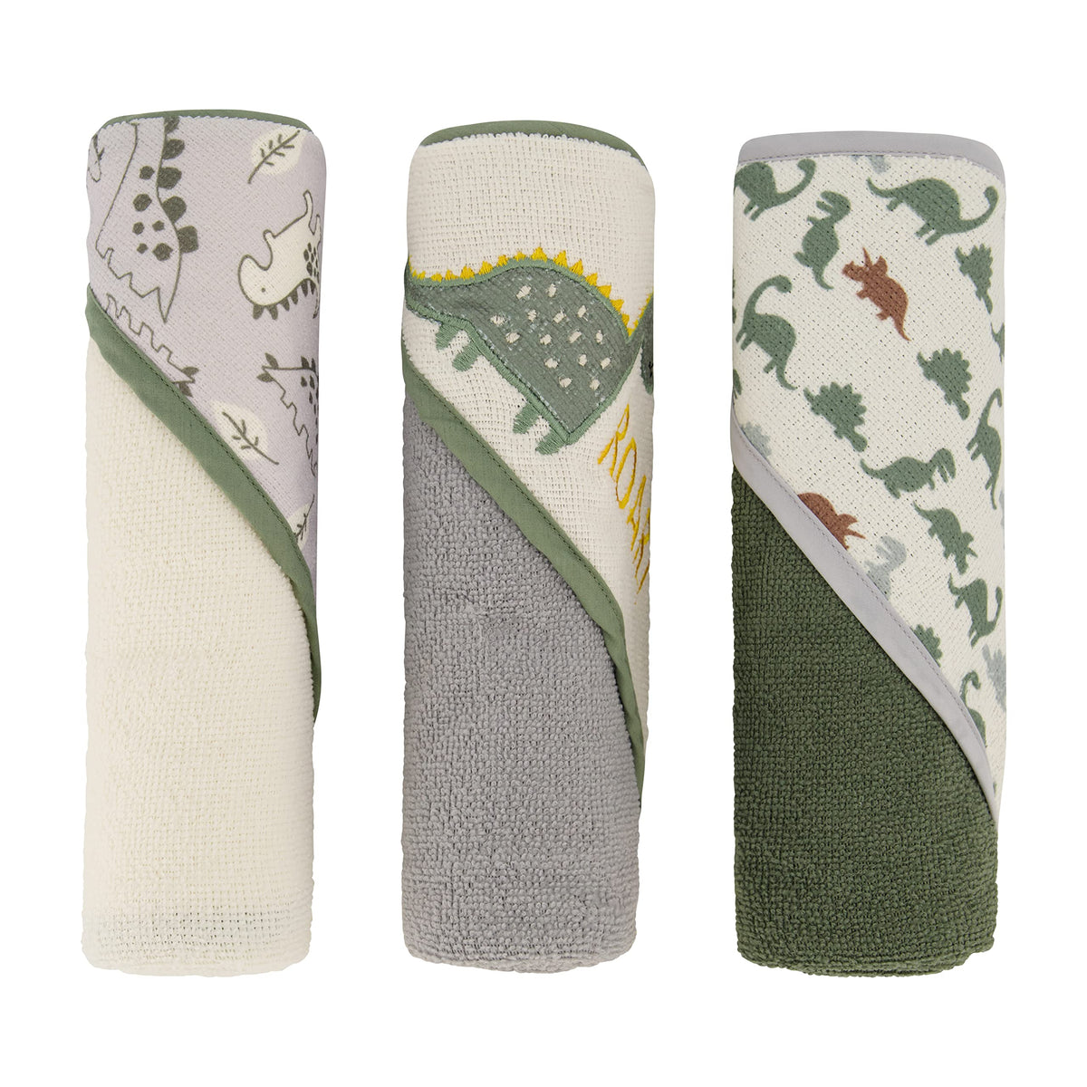 Cudlie Buttons and Stitches hooded towel in Dino Roar print absorbs moisture after bath