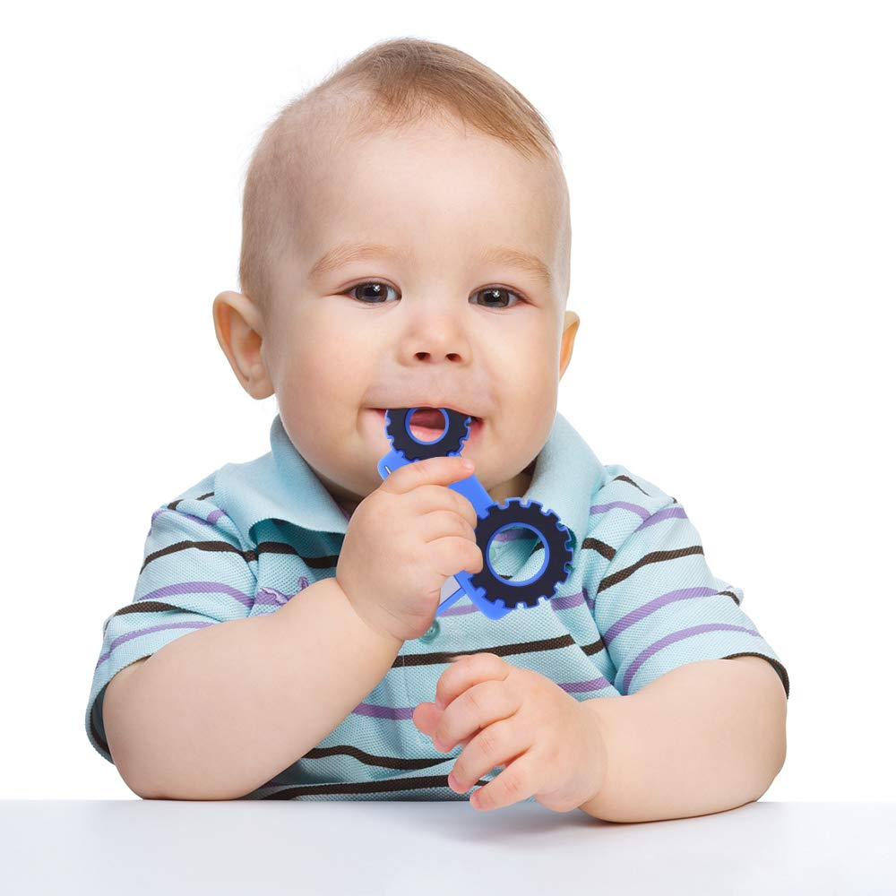 Cuebo blue sensory toy teether promotes grasping and exploration.