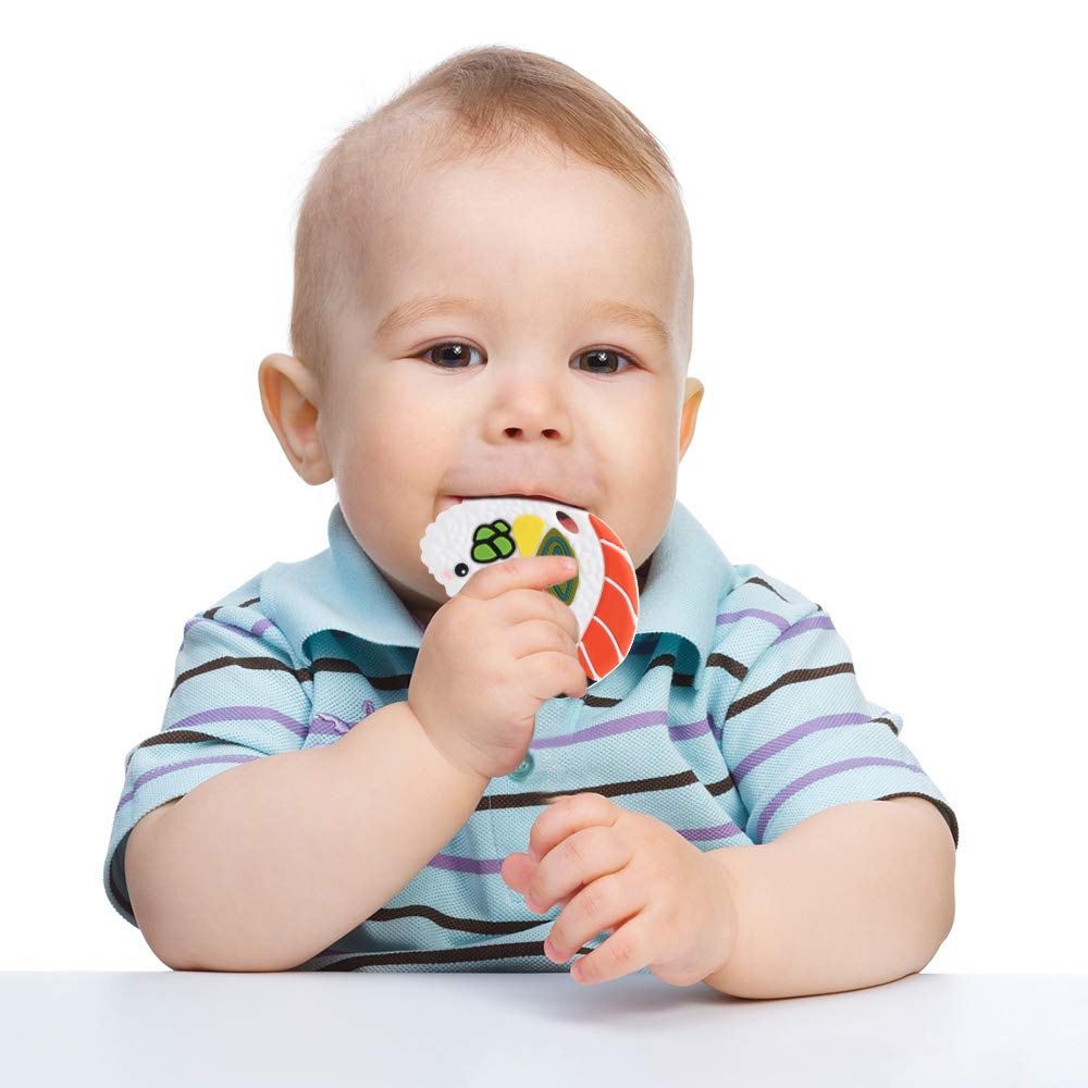 Cuebo baby shower gift-ready silicone teether in packaging.