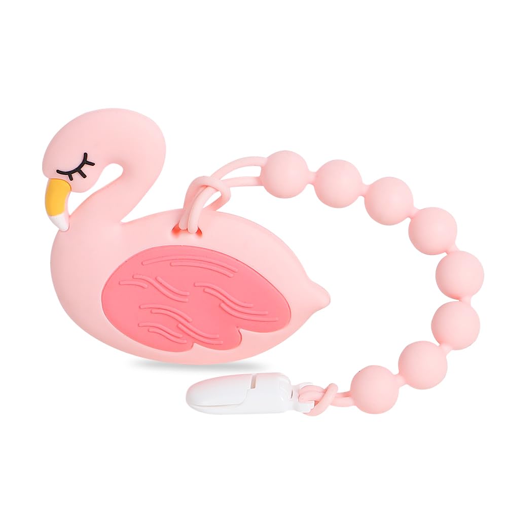 Cuebo baby teether pink flamingo design provides gentle teething relief for infants