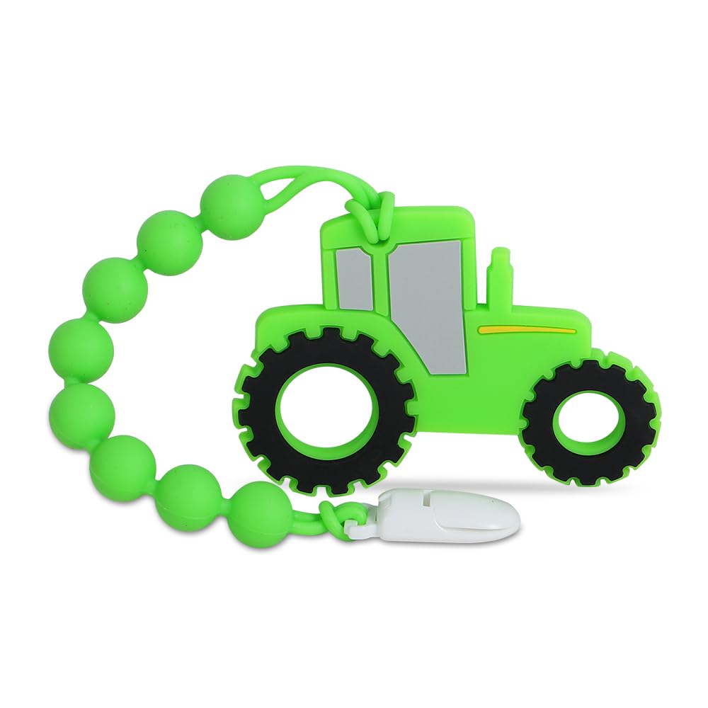 Cuebo baby tractor teether close-up shows BPA-free silicone soothing gums.